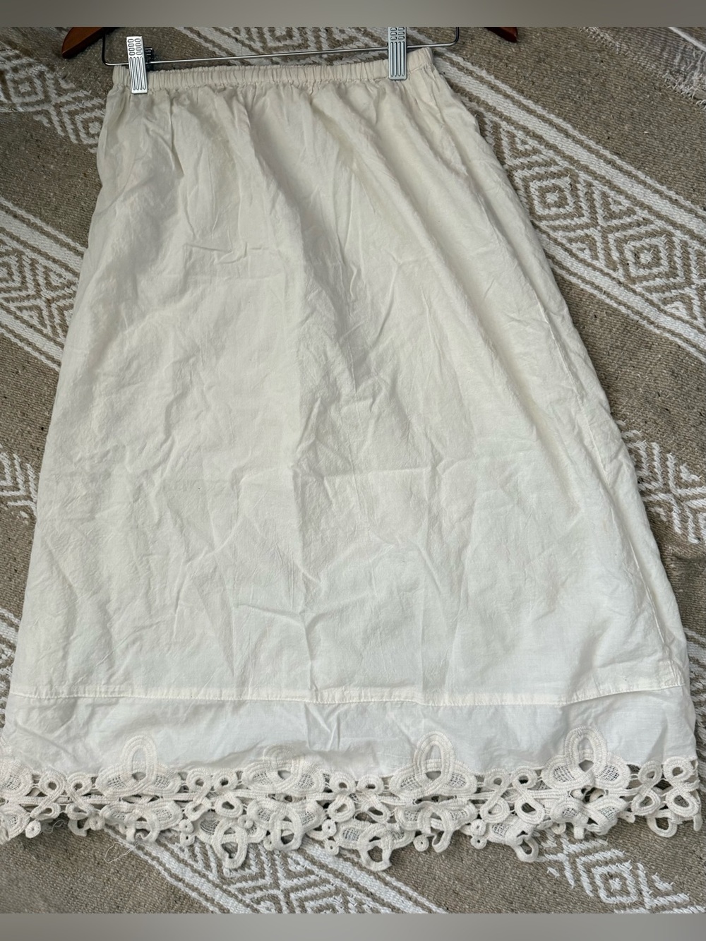 Vintage Cotton Off White Oatmilk Crochet Lace Appliqué Hem Midi Slip Skirt M